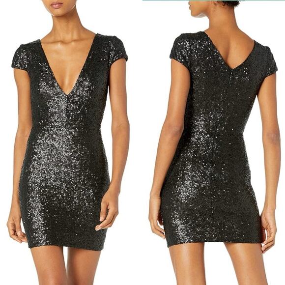 Dress the Population Zoe Sequin Mini Dress Plunging Neckline Matte Black NWOT - Picture 1 of 8